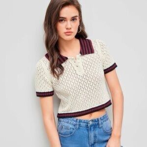Cider XS KNIT CROCHET POLO CONTRASTING CROP SHORT SLEEVE TOP NWT New With Tags